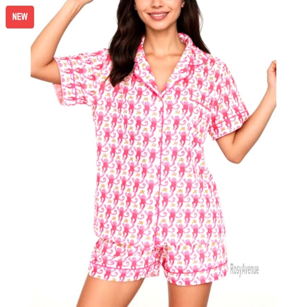 Women's Cotton-Blend Pajama Set, Short Sleeve Button-Down Top & Shorts, - Picture 4 of 8